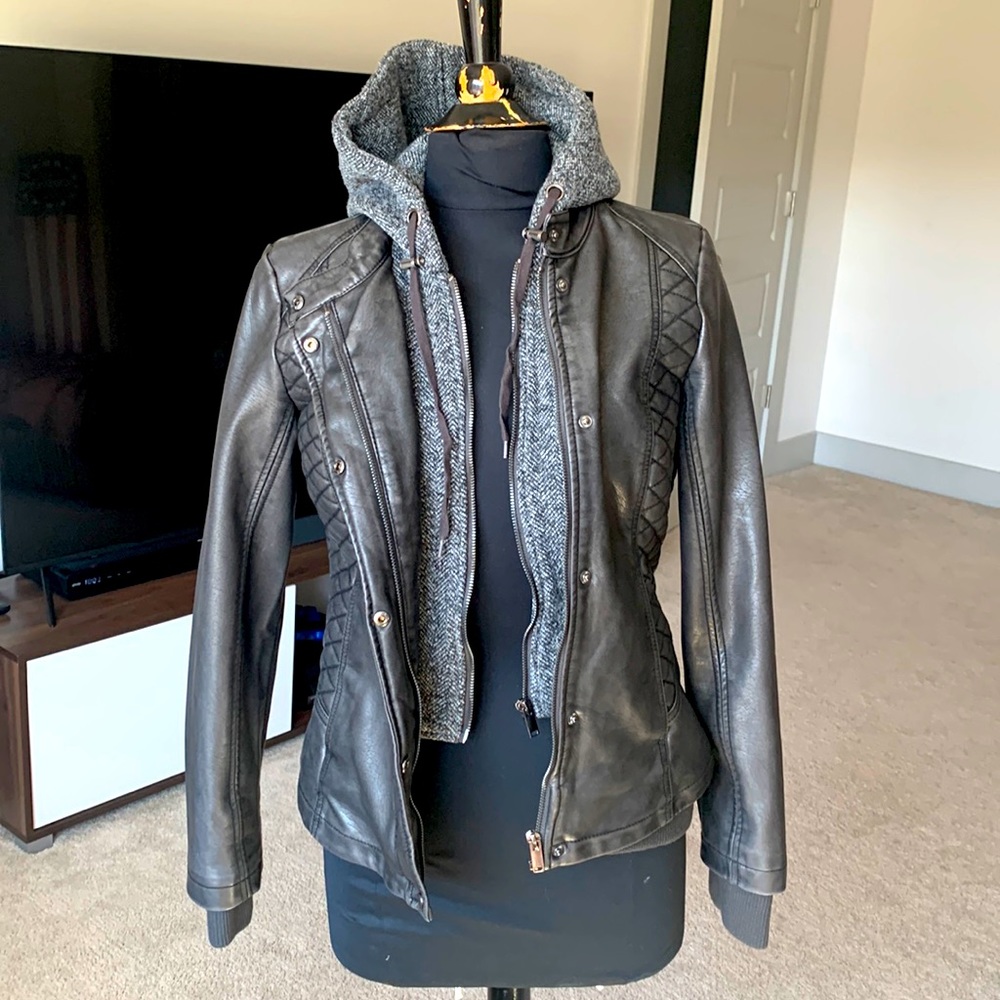 Faux leather jacket with hood! Size S
